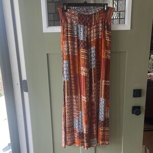 Main Strip Wide-Leg Boho Palazzo Pants Rust Patchwork Multi High Side Slit Med